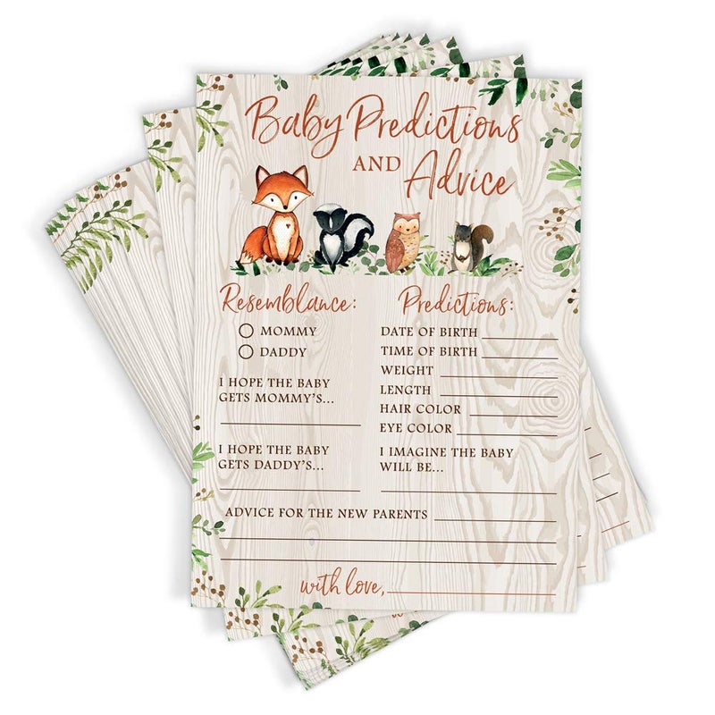 Printed Party Baby Predictions & Advice for New Parents â€“ Woodland Baby Shower Activity by Printed Party, Set of 50 Cards, Gender Neutral Forest Animals Theme - Image 1
